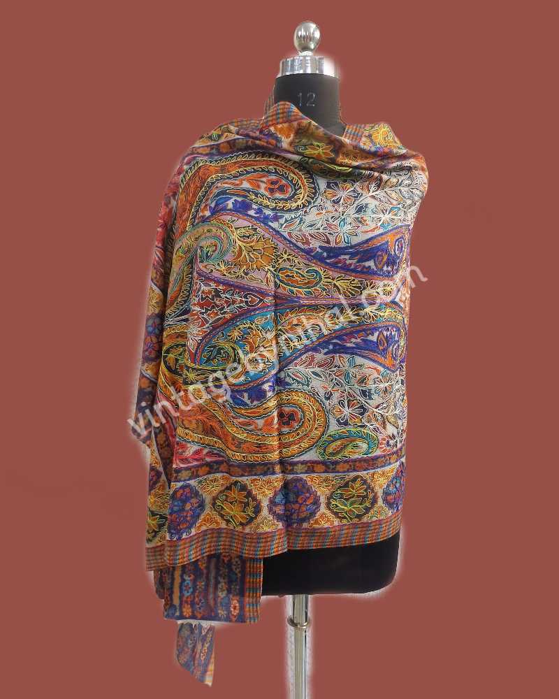 Exclusive Pure Pashmina Kalamkari Embroidered Hand Painted Paisley Pattern Shawl 